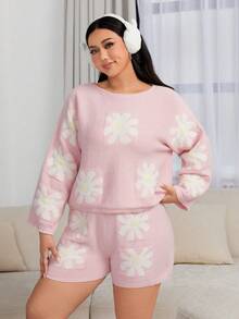 SHEIN MOD Plus Floral Pattern Batwing Sleeve Sweater & Knit Shorts - Baby Pink - View 4