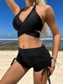 SHEIN Swim Bộ bikini dây buộc vòng - màu đen - Xem 3