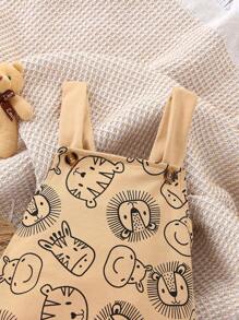 男婴夏季休闲卡通图案连体衣，带背带 - 杏色 - 查看 3