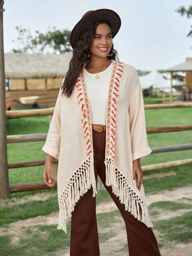Plus Contrast Tape Fringe Trim Drop Sleeve Coat