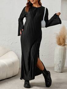 SHEIN Maternity Split Thigh Flare Sleeve Dress - Black - View 6