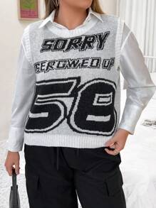 Flirla Talla grande Chaleco de punto con patrón de letra sin camisa