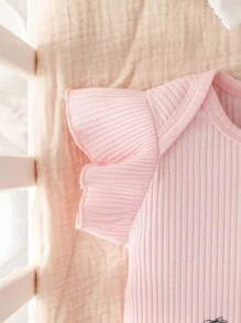Bebé niña con estampado de dibujos animados ribete con fruncido Body & tirantes Shorts con banda cabeza - Rosa - Ver 3
