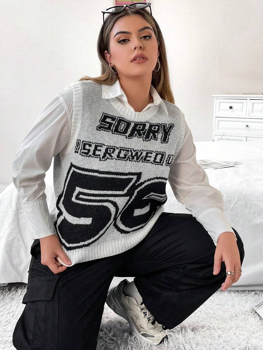 Flirla Talla grande Chaleco de punto con patrón de letra sin camisa
