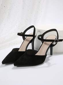 黑色尖头高跟鞋，2024新款欧美性感包头踝带凉鞋，细跟 - 黑色 - 查看 3