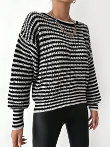 EURMUSE Striped Pattern Drop Shoulder Sweater - Black and White - View 5