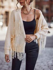 SHEIN Essnce Viền rìa tay cánh Áo len Duster - Màu be - Xem 3