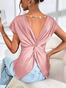 SHEIN Privé 水鑽鏈條扭結露背蝙蝠袖緞面襯衫 - 粉色 - 查看 3