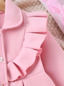SHEIN Young Girl Ruffle Trim Double Breasted Overcoat & Hat - Pink - View 6