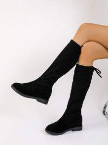 Elegant Tall Boots, New Spring/Autumn Round Toe High Shaft Boots, Thick Leg Slimming Mid-Calf Boots, Flat Non-Over Knee - Black - View 6