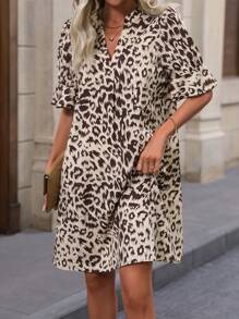 SHEIN LUNE 豹紋印花荷葉袖直筒洋裝 - 棕色 - 查看 4