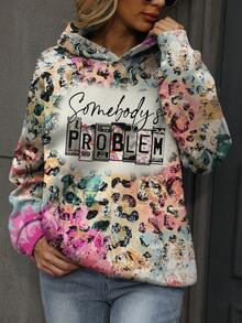 Leopard & Letter Graphic Kangaroo Pocket Hoodie,Long Sleeve Tops - Multicolor - View 4