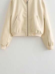 素色拉鏈開襟飛行員夾克 - 米色 - 查看 3