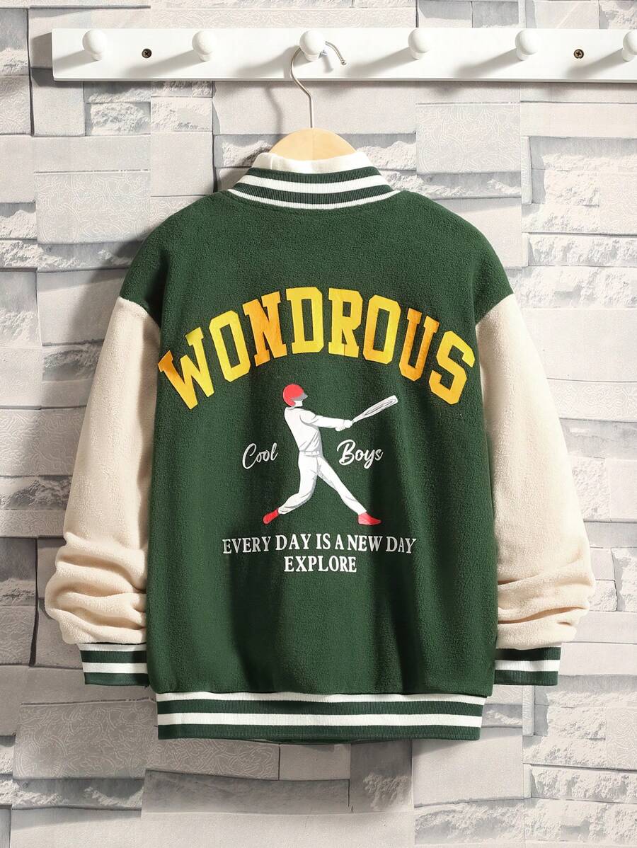 SHEIN Tween Boy Letter & Figure Graphic Two Tone Drop Shoulder Varsity Jacket Without Tee - Multicolor - View 1