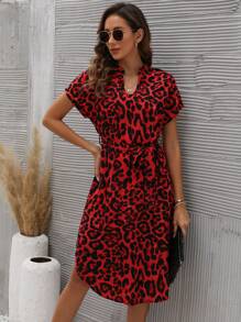 SHEIN LUNE Leopard Print Notched Neckline Batwing Sleeve Belted Dress - Red - View 1