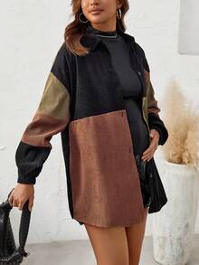 SHEIN Maternity Color Block Drop Shoulder Corduroy Coat - Black - View 6