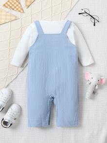 SHEIN Baby Boy Solid Tee & Cartoon Graphic Overall Romper - Blue and White - View 2