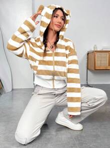 SHEIN EZwear In sọc Dây kéo Thả vai Hoodie - Nhiều màu - Xem 3