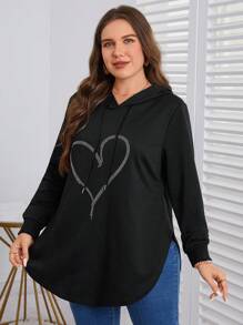 SHEIN LUNE Sudadera con estampado de corazón talla grande, atuendos de graduación, regreso a la escuela, atuendos de maestras para mujeres, regreso a la escuela en invierno, otoño - Negro - Ver 6