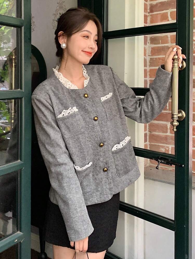 Contrast Schiffy Trim Button Front Overcoat,Fall Clothes Women Jacket