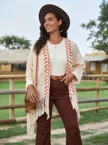 SHEIN VCAY Plus Contrast Tape Fringe Trim Drop Sleeve Coat