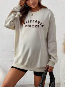 SHEIN Thai sản Đồ họa Chữ cái Thả vai Áo nỉ - Màu Khaki - Xem 2