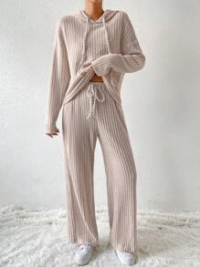 SHEIN LUNE Thả vai Dây rút Áo Hoodie & Quần - Màu be - Xem 4