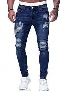 Manfinity Roughcore Pantalones vaqueros rasgados en modelo ceñido y largo con lavado oscuro de corte recto, azul sólido, ideal para salir a la calle o para uso diario, para hombres