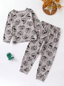 Young Boy Dinosaur Print PJ Set - Grey - View 2