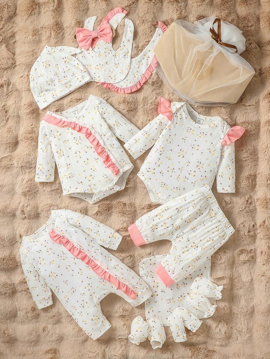 SHEIN Bébé Fille Imprimé Floral À Nœud Papillon À Volants Body & 1 pièce Chapeau & 1 pièce Pantalon & 2 pièces Bavoir ETC - Multicolore - Voir 1