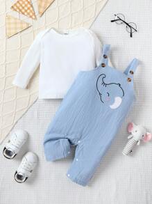 SHEIN Baby Boy Solid Tee & Cartoon Graphic Overall Romper - Blue and White - View 1