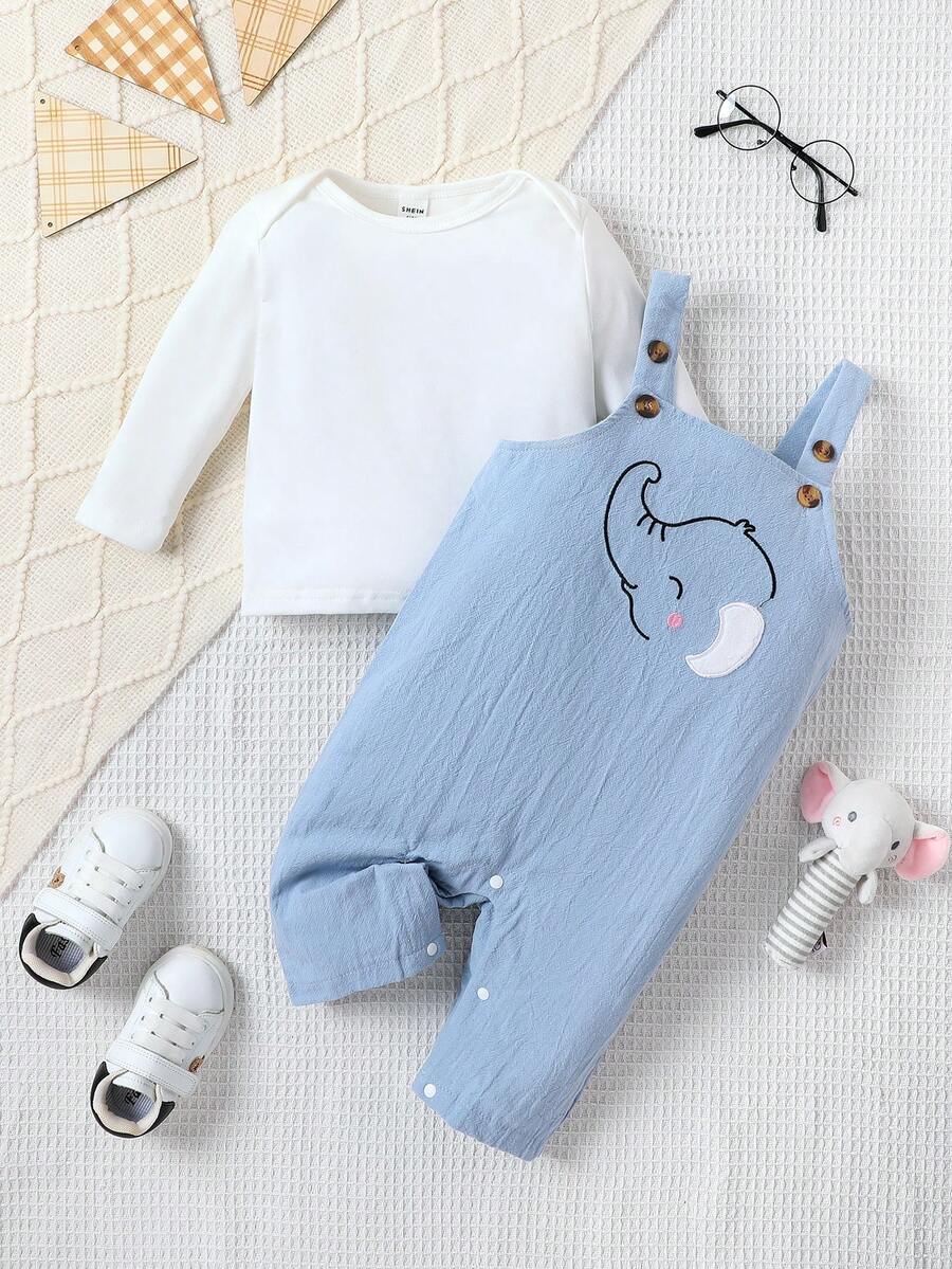 SHEIN Baby Boy Solid Tee & Cartoon Graphic Overall Romper - Blue and White - View 1