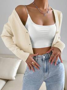 SHEIN Unity Cárdigan crop unicolor con botón delantero - Albaricoque - Ver 3