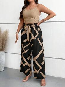 SHEIN Clasi Plus Size Boho Cami Top & Geo Print Paperbag Waist Belted Wide Leg Pants, For Summer - Khaki - View 3