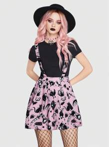 ROMWE Goth 滿版印花背帶百褶半身裙 - 粉色 - 查看 4