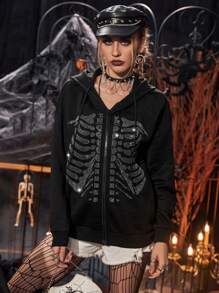 PUNK Halloween Skeleton Rhinestone Zip Up Drawstring Hoodie - Black - View 1