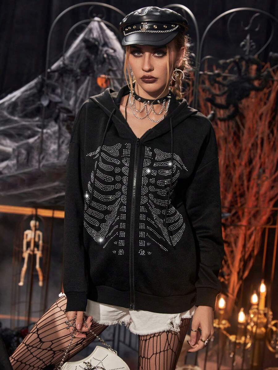PUNK Halloween Skeleton Rhinestone Zip Up Drawstring Hoodie - Black - View 1