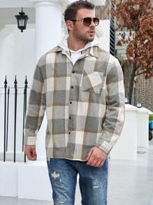 Manfinity Homme Loose Fit Men's Plus Size Plaid Printed Overcoat With Pocket, No Hood - Multicolor - View 5