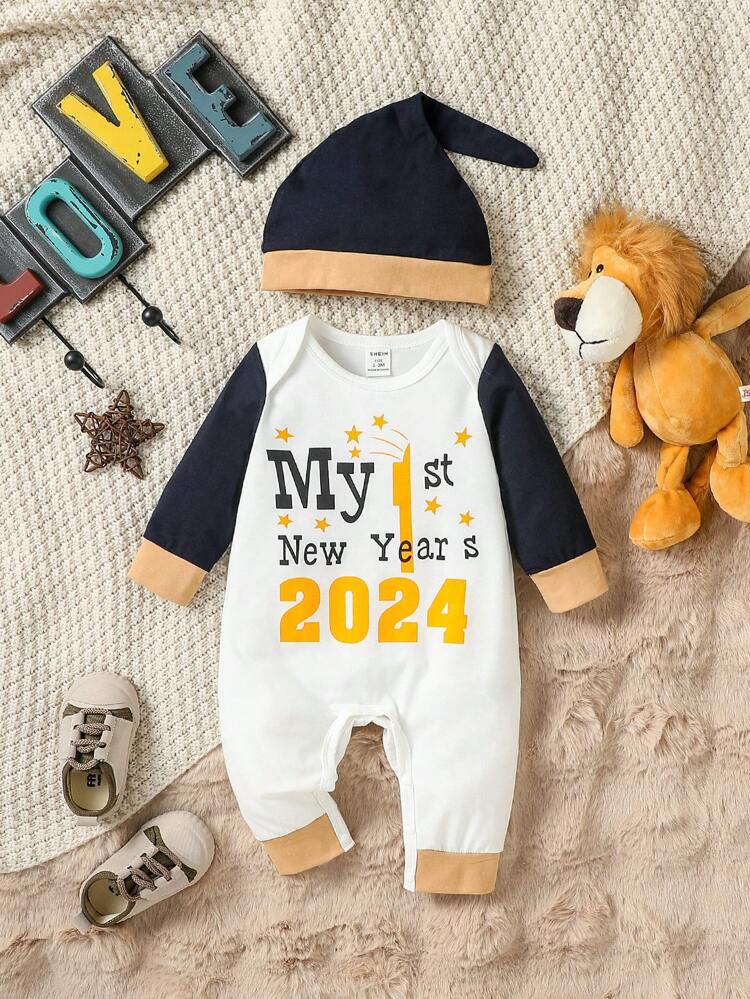 Baby Girl Slogan Graphic Contrast Trim Jumpsuit & Hat