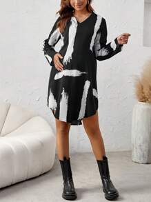 SHEIN Thai sản In Bàn chải Curved Hem Đầm - Nhiều màu - Xem 3