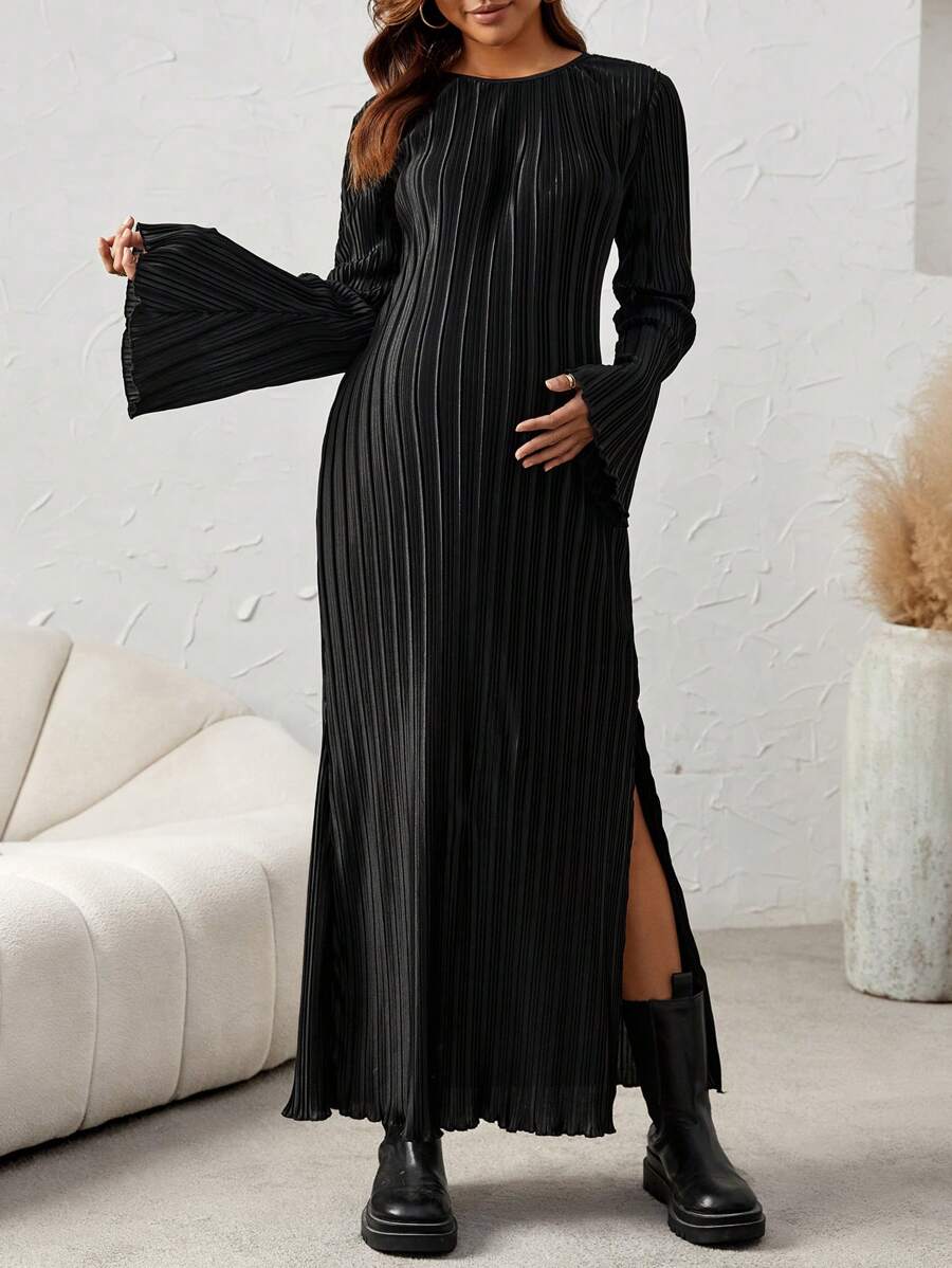 SHEIN Maternity Split Thigh Flare Sleeve Dress - Black - View 1
