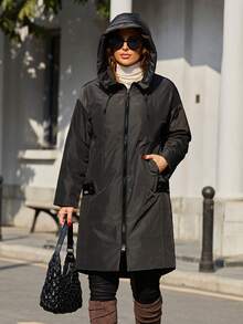 Astrid Plus Size Zip Up Drawstring Hooded Padded Coat, For Winter - Black - View 4