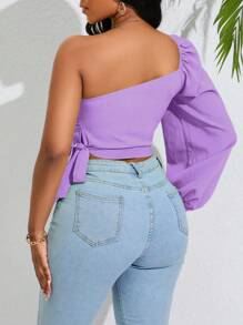 VaVaBold 單肩燈籠袖側打結短款襯衫 - 紫色 - 查看 2