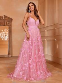 貼花網紗邊超長吊帶婚紗洋裝 - 粉色 - 查看 6