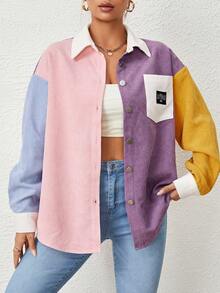 SHEIN EZwear 撞色字母補丁細節落肩袖燈芯絨大衣 - 彩色 - 查看 5