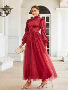 Missord Zabudowany dekolt Rękaw latarnia Sukienka z siateczki - Burgund - Zobacz 5