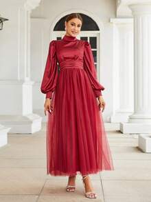 Missord Zabudowany dekolt Rękaw latarnia Sukienka z siateczki - Burgund - Zobacz 6