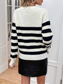 SHEIN Frenchy Striped Pattern Raglan Sleeve Half Button Sweater - Black and White - View 2