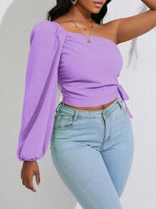 VaVaBold 單肩燈籠袖側打結短款襯衫 - 紫色 - 查看 5