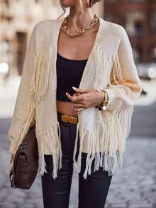 SHEIN Essnce Viền rìa tay cánh Áo len Duster - Màu be - Xem 6